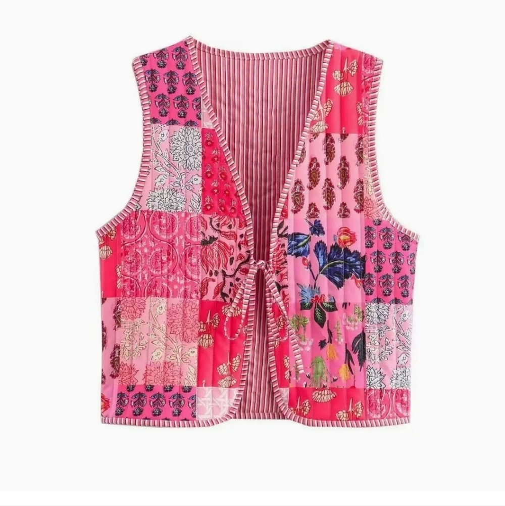 Pink Patchwork Tie-Front Quilted Vest